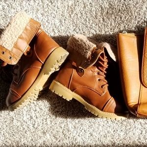 ANNA Cognac Fold Down Fur Ankle Boots